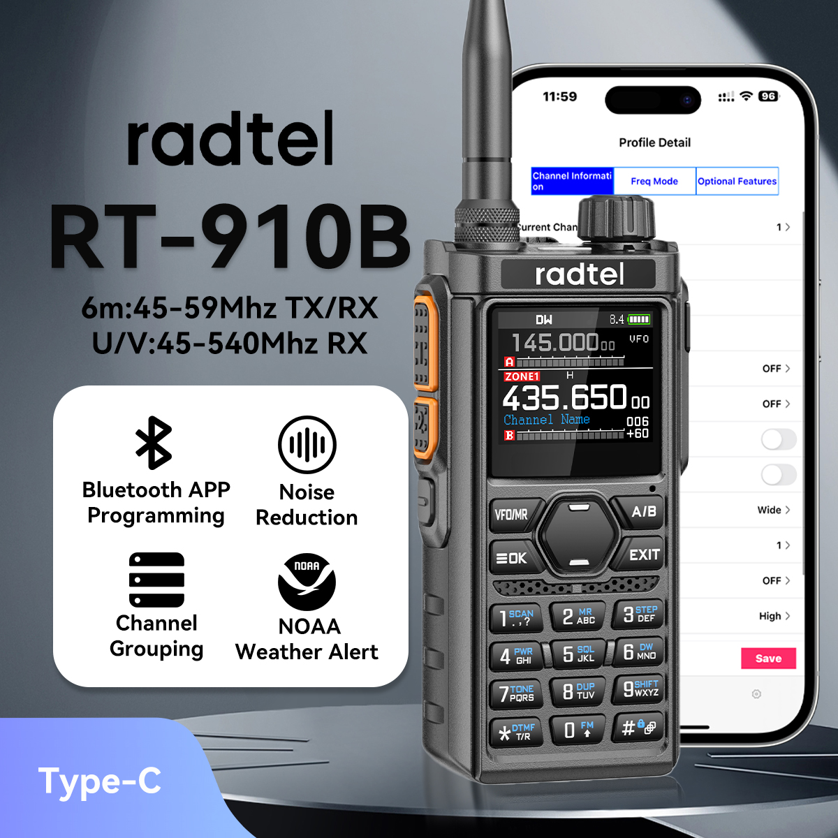 Radtel RT Bluetooth Programmable ham radio walkie talkie with multi band radio & Air Band Receiver