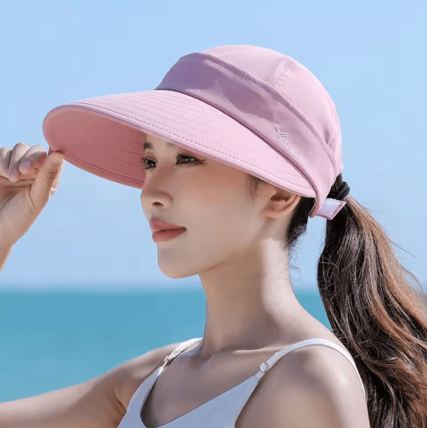 Foldable Wide Brim Ponytail Sun Hat – UV Protection Detachable Open-Top Summer Cap