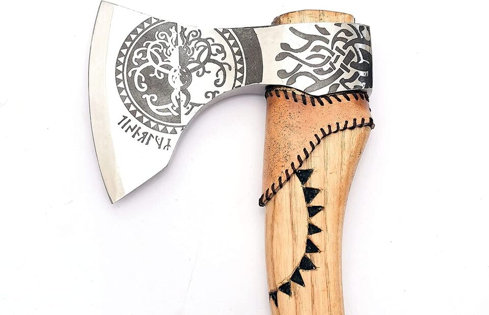 CHRISTMAS GIFT CUSTOM HANDMADE STEEL HATCHET TOMAHAWK VIKING AXE WRAPING LEATHER ON HANDLE