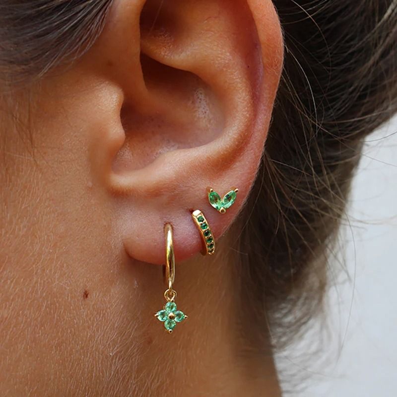 3-Piece Green Crystal Stainless Steel Hoop Set