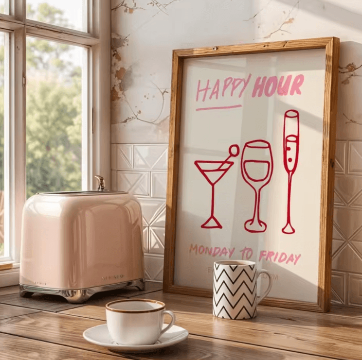 Cin Cin Cheers Pink Cocktail Poster Set – Retro Kitchen & Bar Wall Art (Frameless)