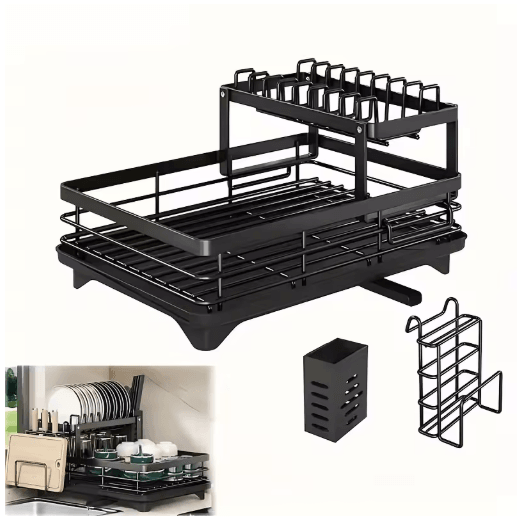 Double Tier Extendable Dish Drainer Large Capacity Adjustable Kitchen Countertop Rack