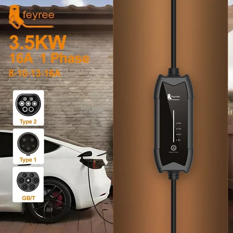 Feyree EV Charger Type2 16A 3.5KW Portable Charging Box with Adjustable Current and 3.5m Cable