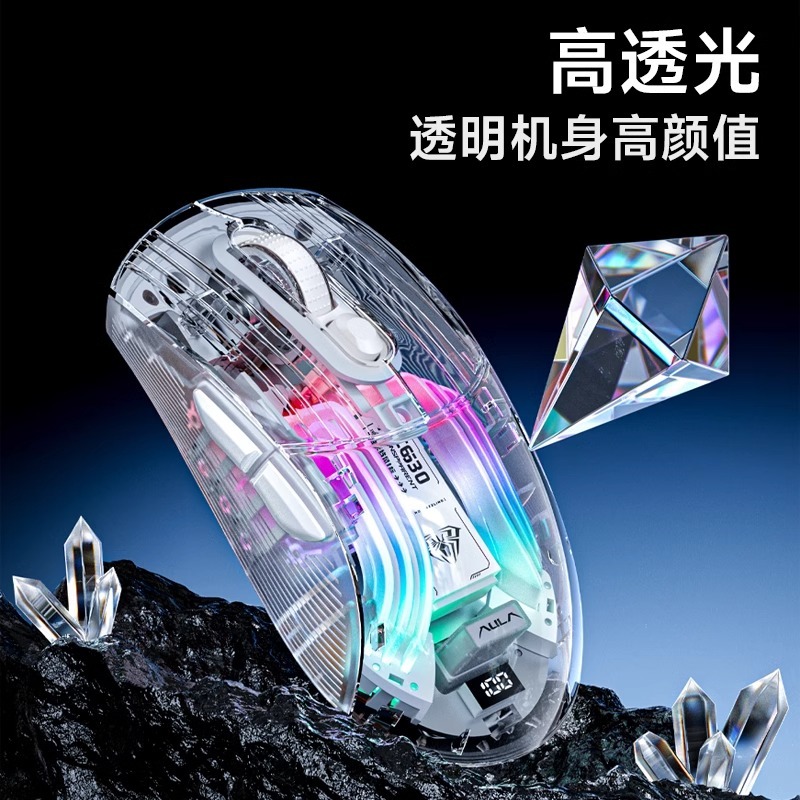 Transparent Gaming Mouse, 3Mode Wireless Bluetooth, Light Sound Mouse with Charging Base for Laptop PC