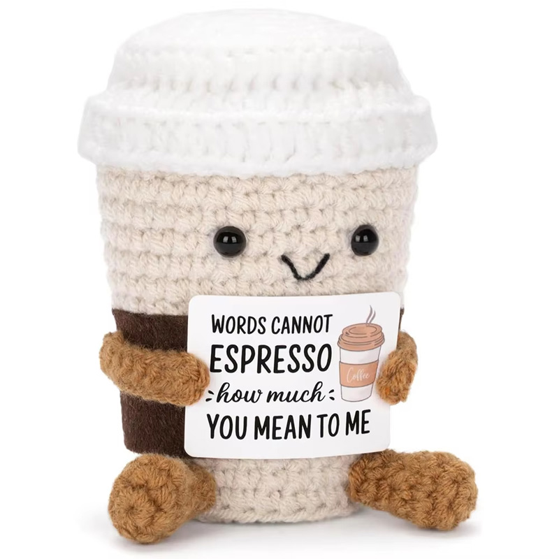 Funny Crochet Positive Coffee Emotional Support Gift, Handmade Cute Crochet Ornament with Cheer Up Card for Best Friend