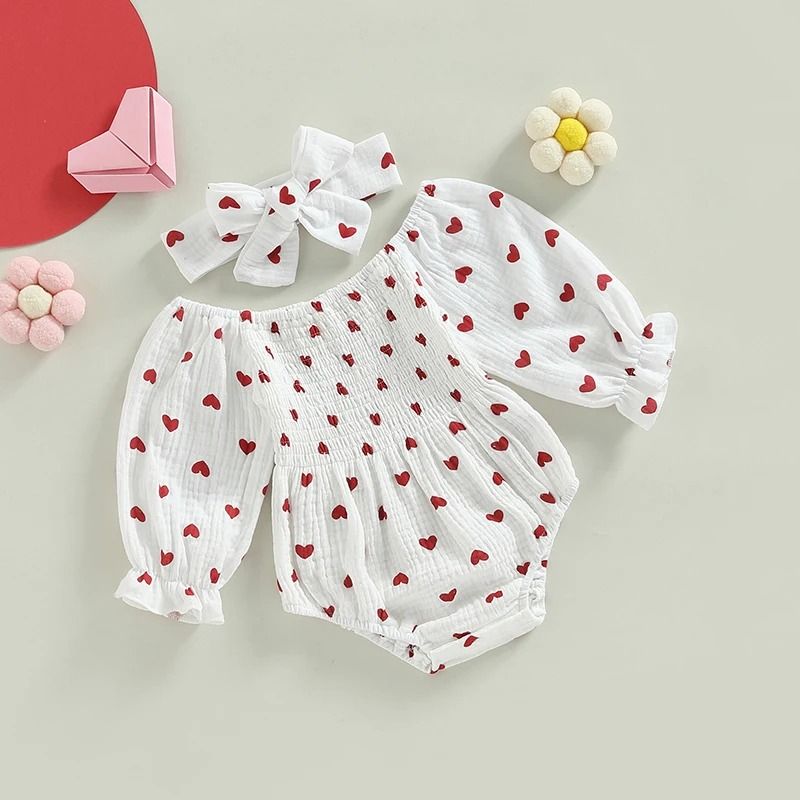 2-Piece Newborn Girl Floral Romper & Headband Set - Ruffled Long Sleeve Bodysuit