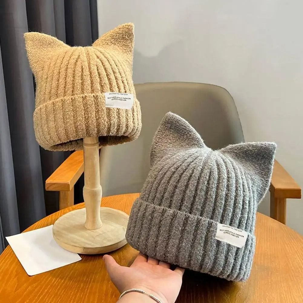 Cute Cat Ears Beanie – Autumn & Winter Warm Knitted Pullover Hat