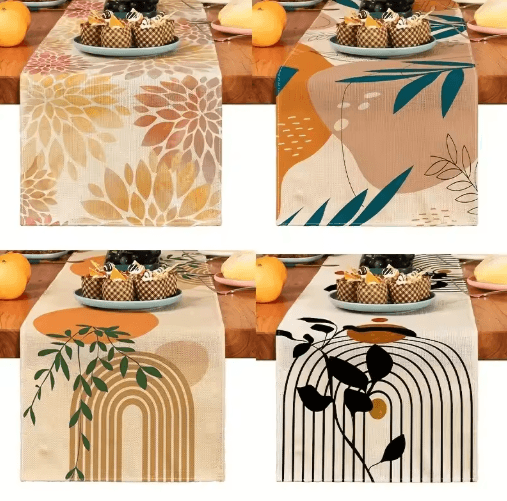 Boho Plant Linen Table Runner – Minimalist Farmhouse Dining & Home Decor Accent