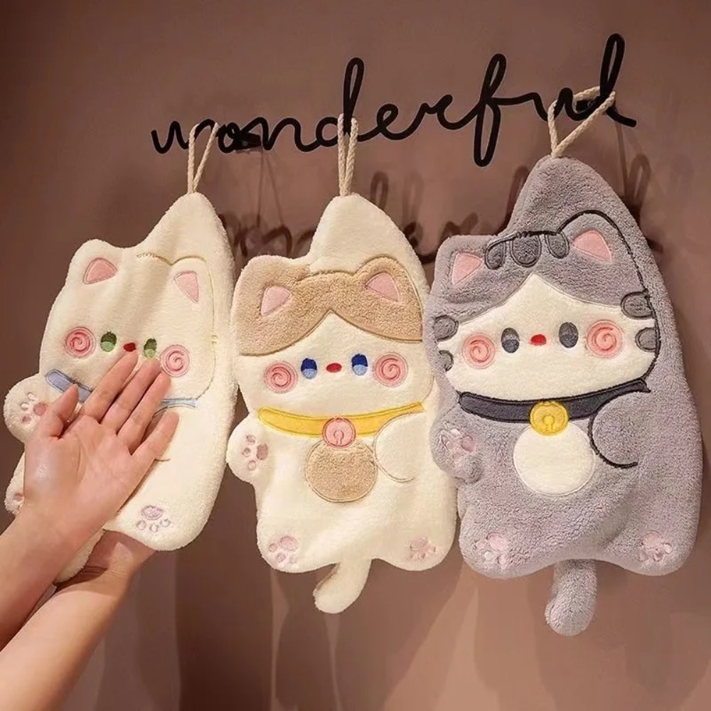 Coral Velvet Cute Cat Hand Towel, Quick Drying Kitchen Cleaning Rag, Absorbent Cartoon Animal Bathroom Towel