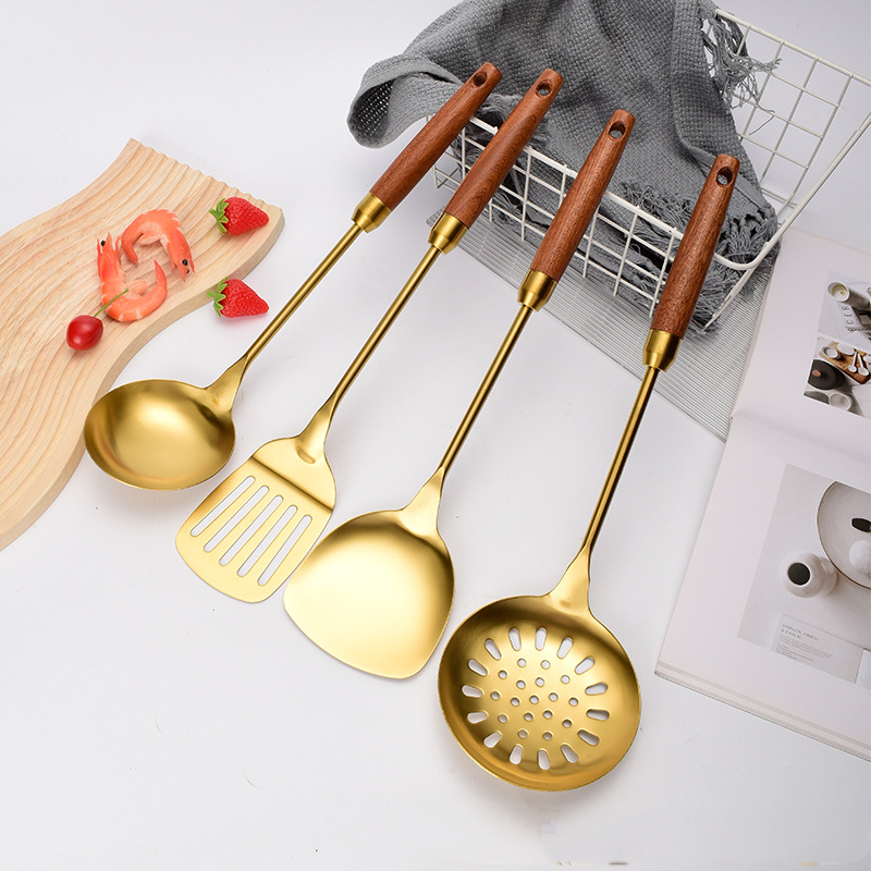 Stainless Steel Kitchen Utensils, Wooden Handle Sabli Spatula, Black Soup Spoon, Golden Kitchen Tools, Leaking Spatula
