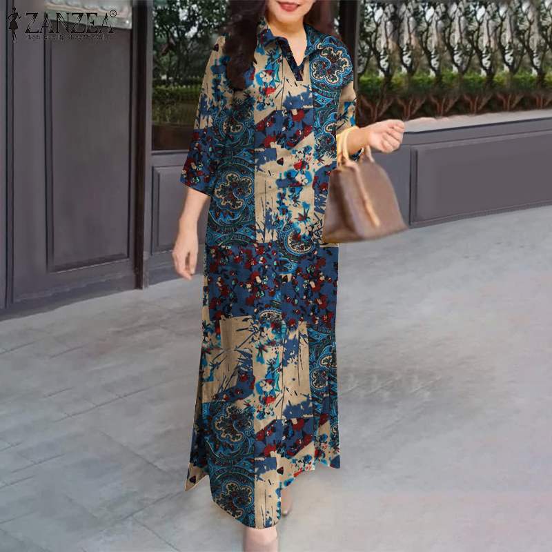 Autumn Cotton Maxi Sundress, Women Fasihon Shirtdress, Lapel Oversized Vintage Floral Print Sleeve Long Dresses