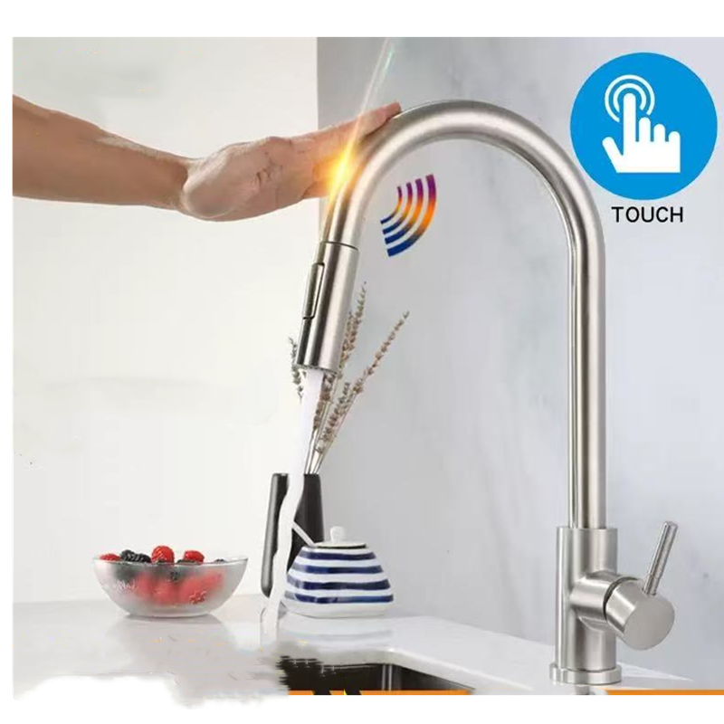Smart Touch Kitchen Faucet Pull Out Brushed Nickel Black Sensor Stainless Steel Induction Mixed Tap with Touch Control