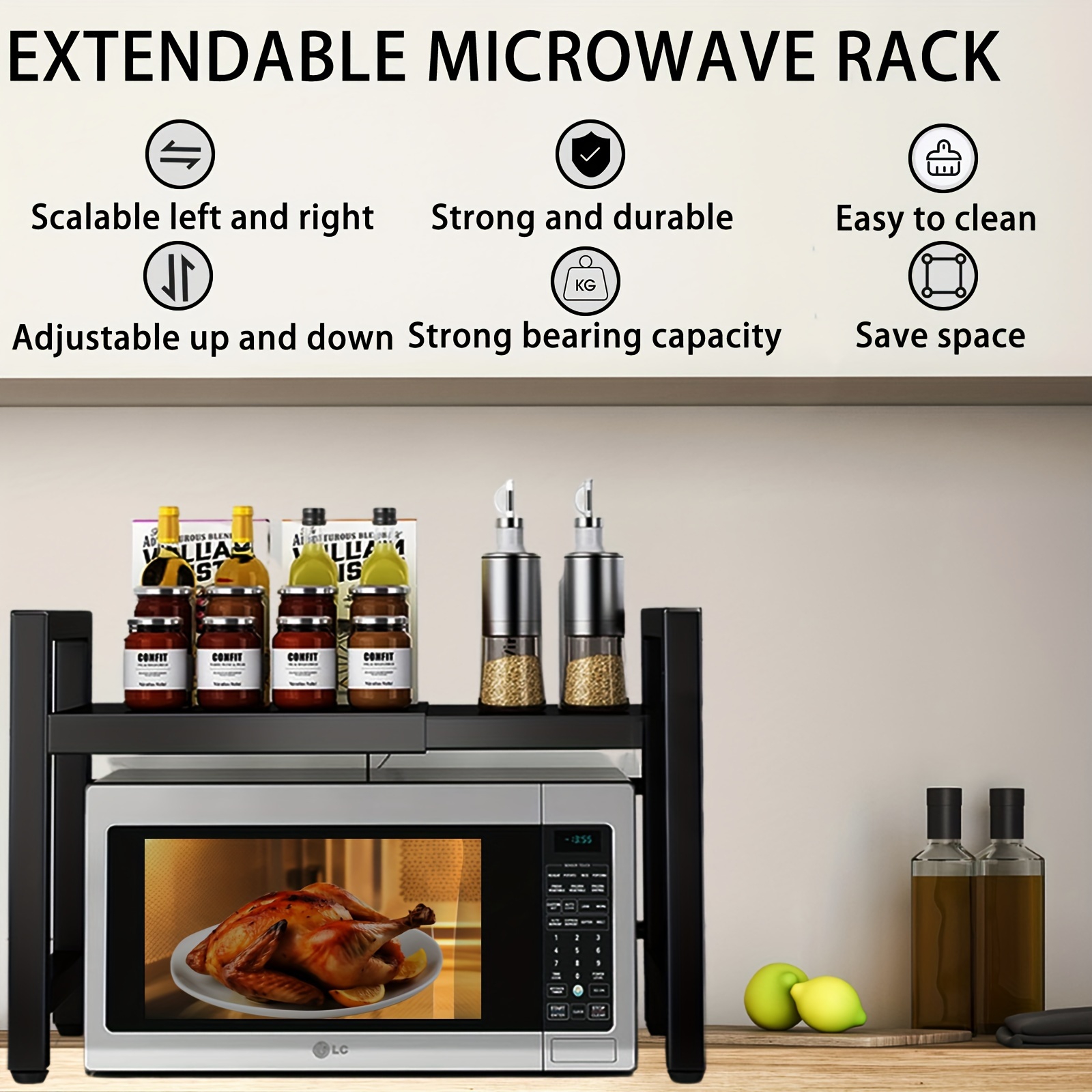 Microwave Holder with Hooks, Expandable Microwave Shelf, Kitchen Storage Rack, Extendable Microwave Baking Rack