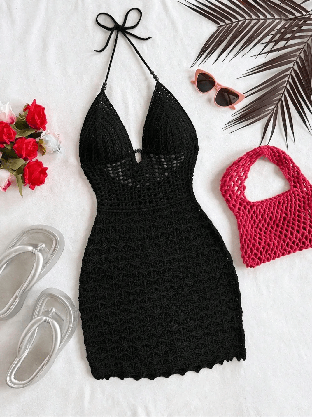 Soleia Ombre Knit V Neck Vacation Dress with Wooden Bead Detailing