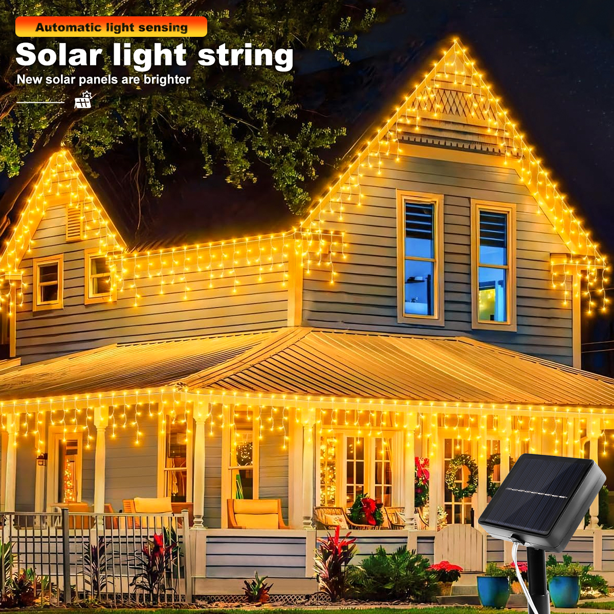 Solar Christmas Icicle Lights LED, Water proof Curtain String Lights, Outdoor Garden Holiday Lighting