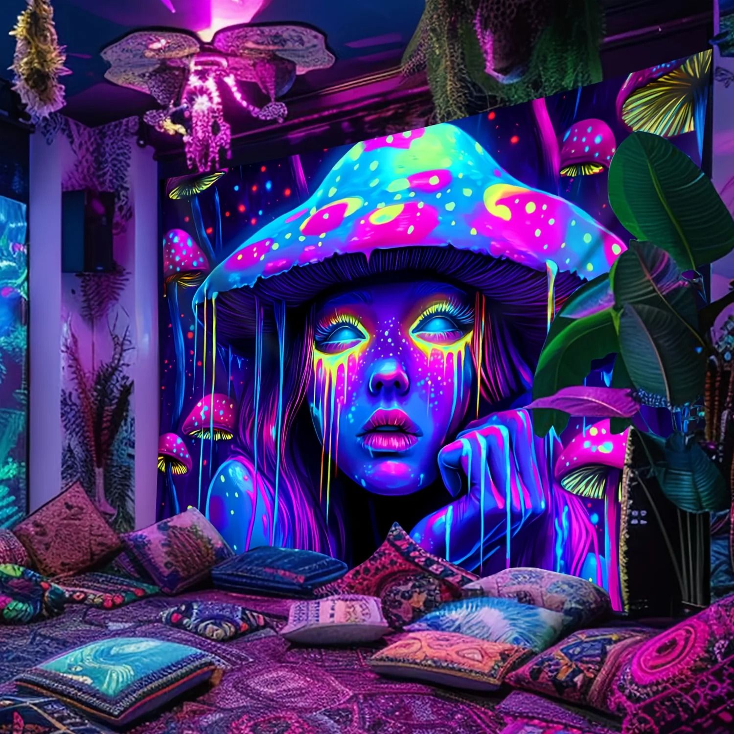 Psychedelic Mushroom Girl Blacklight Reactive Tapestry