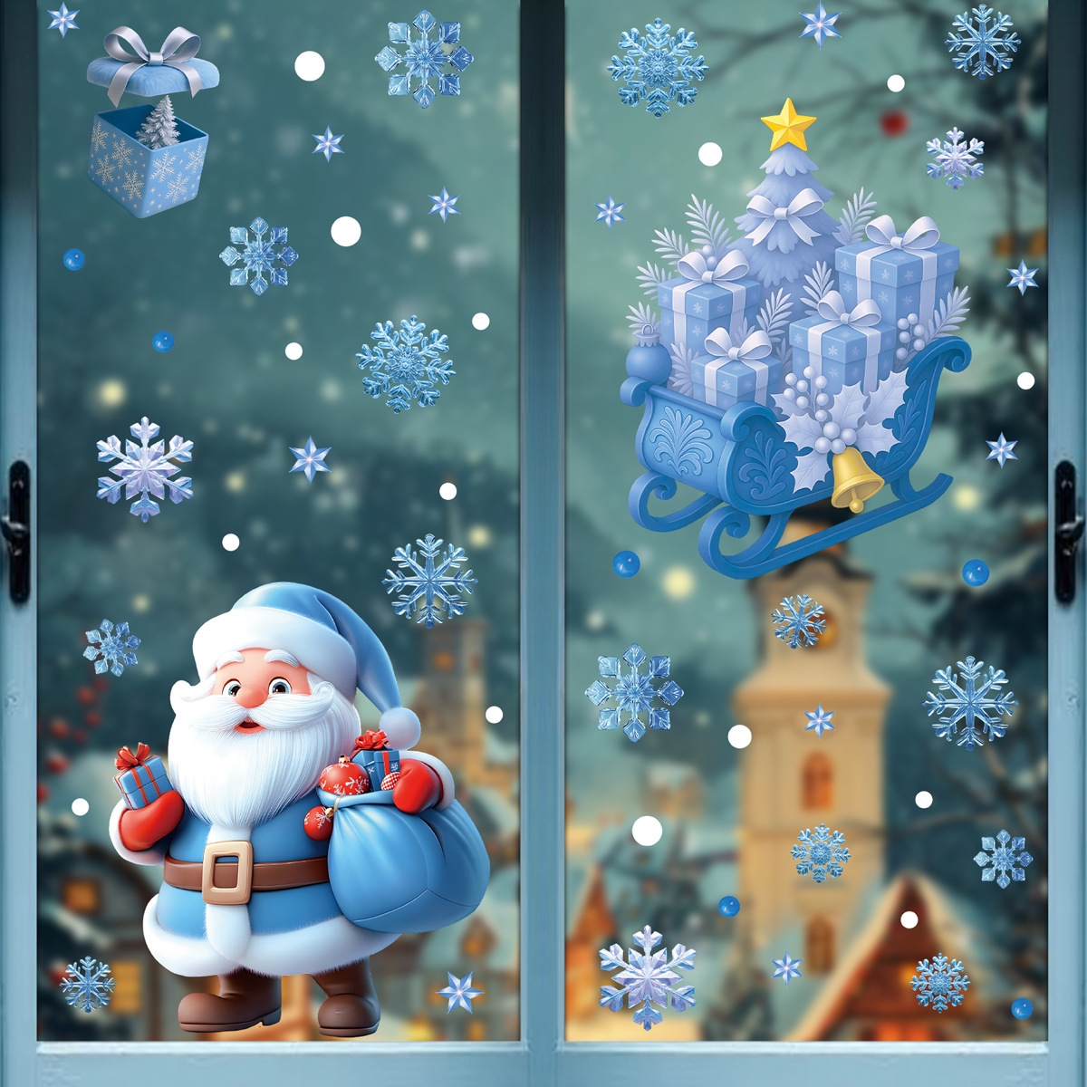 Festive Christmas Window Stickers Set Snowman, Santa & Snowflakes Decor