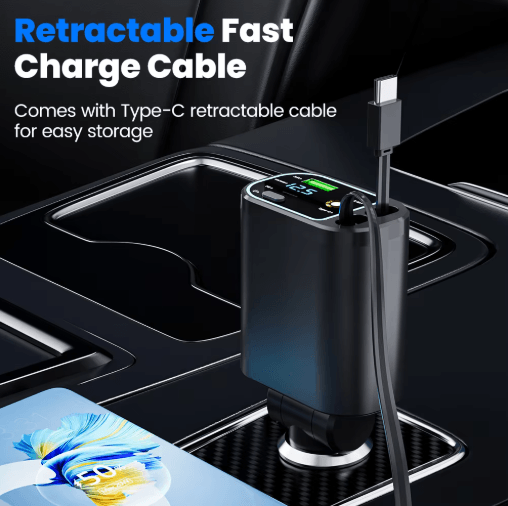 4 in 1 Car Charger with Dual Retractable Cables – USB C Car Fast Charger with Star Lights