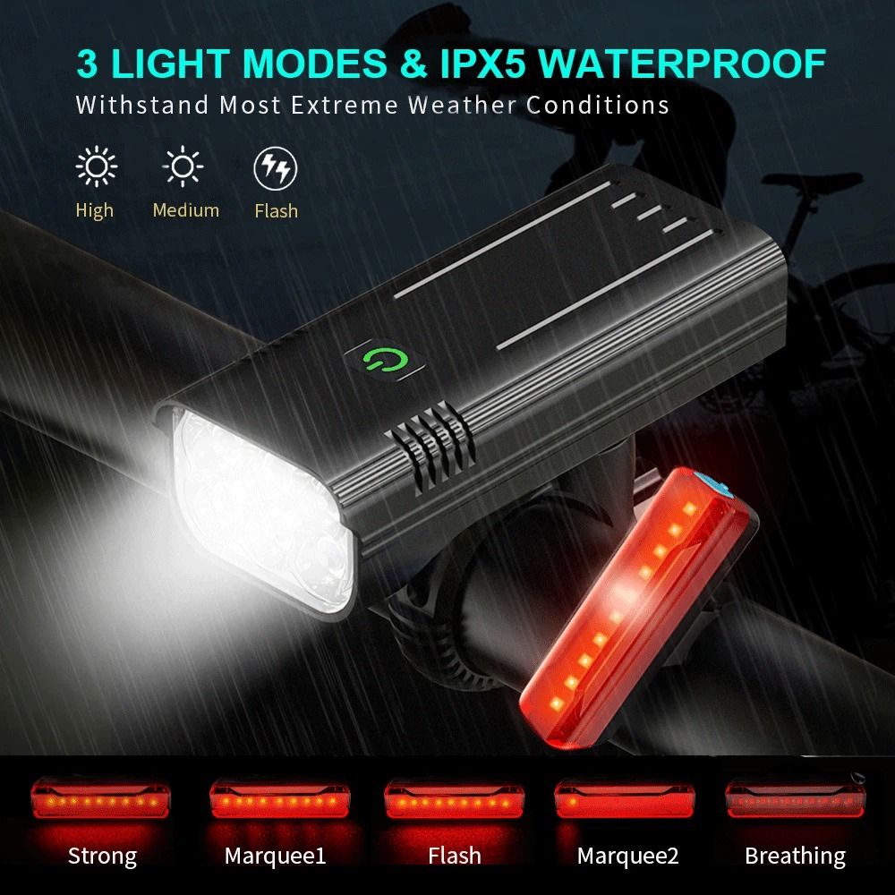 Rechargeable Bike Light Set 10000mAh 3600 Lumens LED Front and Rear Lights