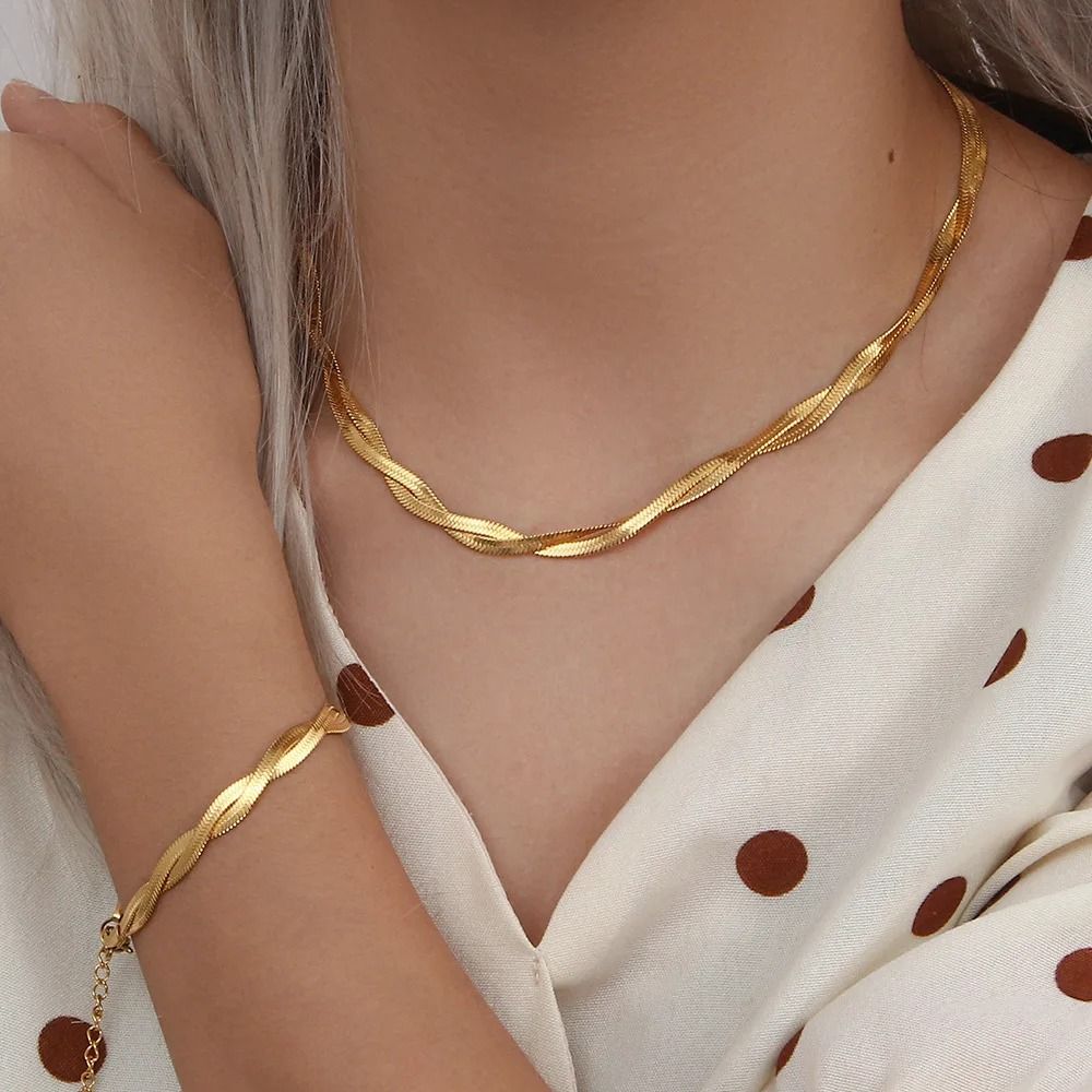 Gold Plated Waterproof Braided Herringbone Chain Necklace and Bracelet Set For Women