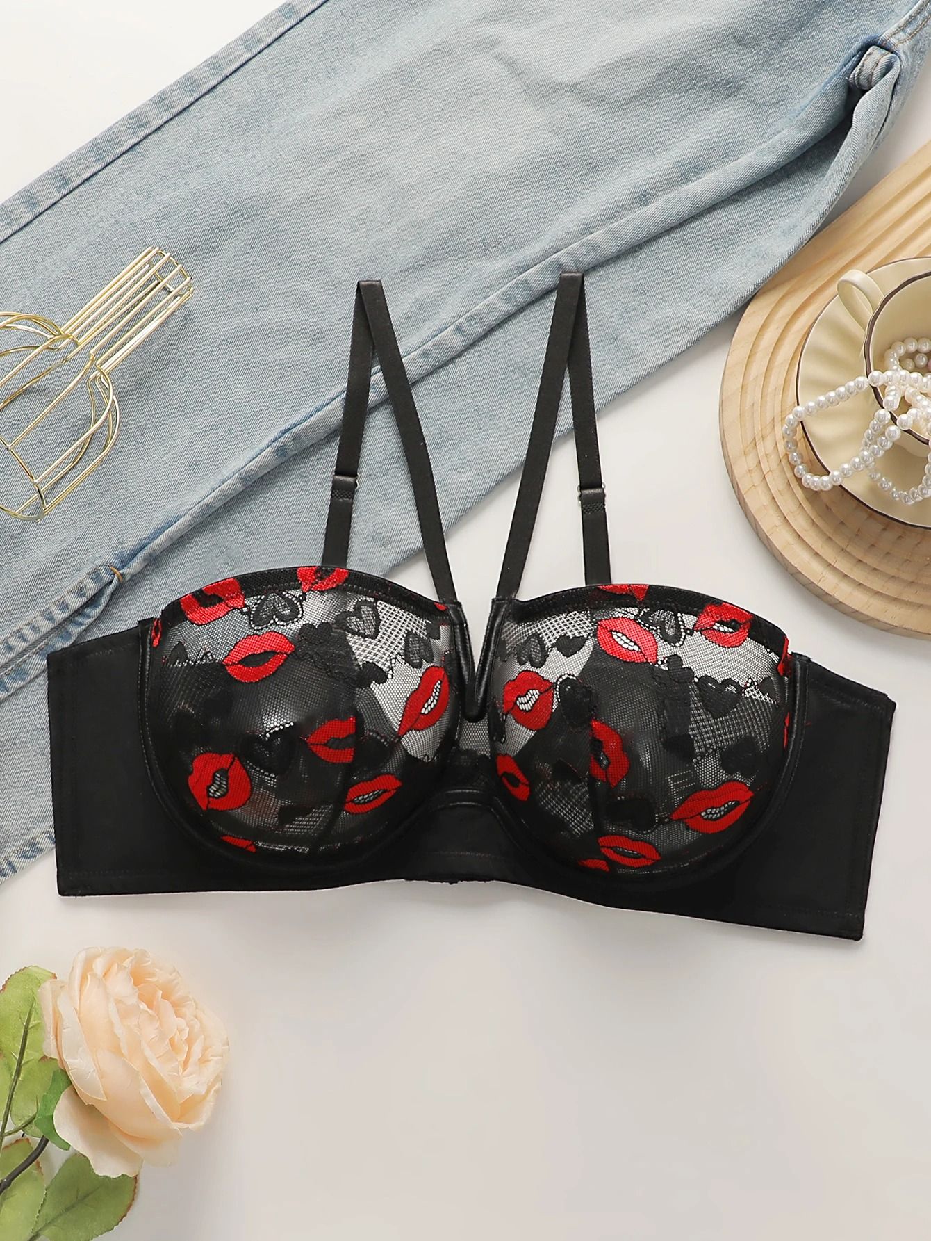 Sexy Red Lips Heart Lace Push Up Bra | Deep V Hanging Neck Lingerie