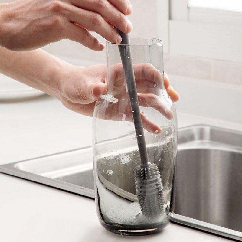 Silicone Drink Bottle Glass Cup Cleaning Brush, Long Handle Scrubber, Kitchen Cleaning Tool