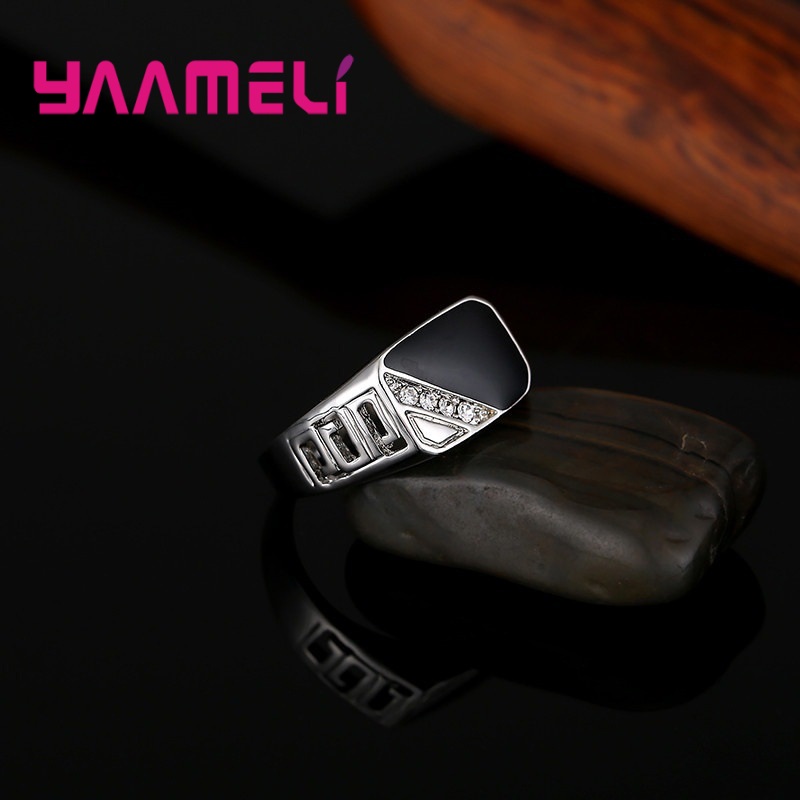 925 Sterling Silver Plated Men's Wide Band Ring with Black & White Rhinestone Square - Unique Statement Hip Hop Jewelry