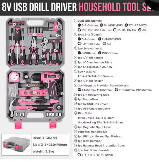 Hi Spec 133 Piece Pink Power Tool Set with 8V Lithium Drill and Toolbox