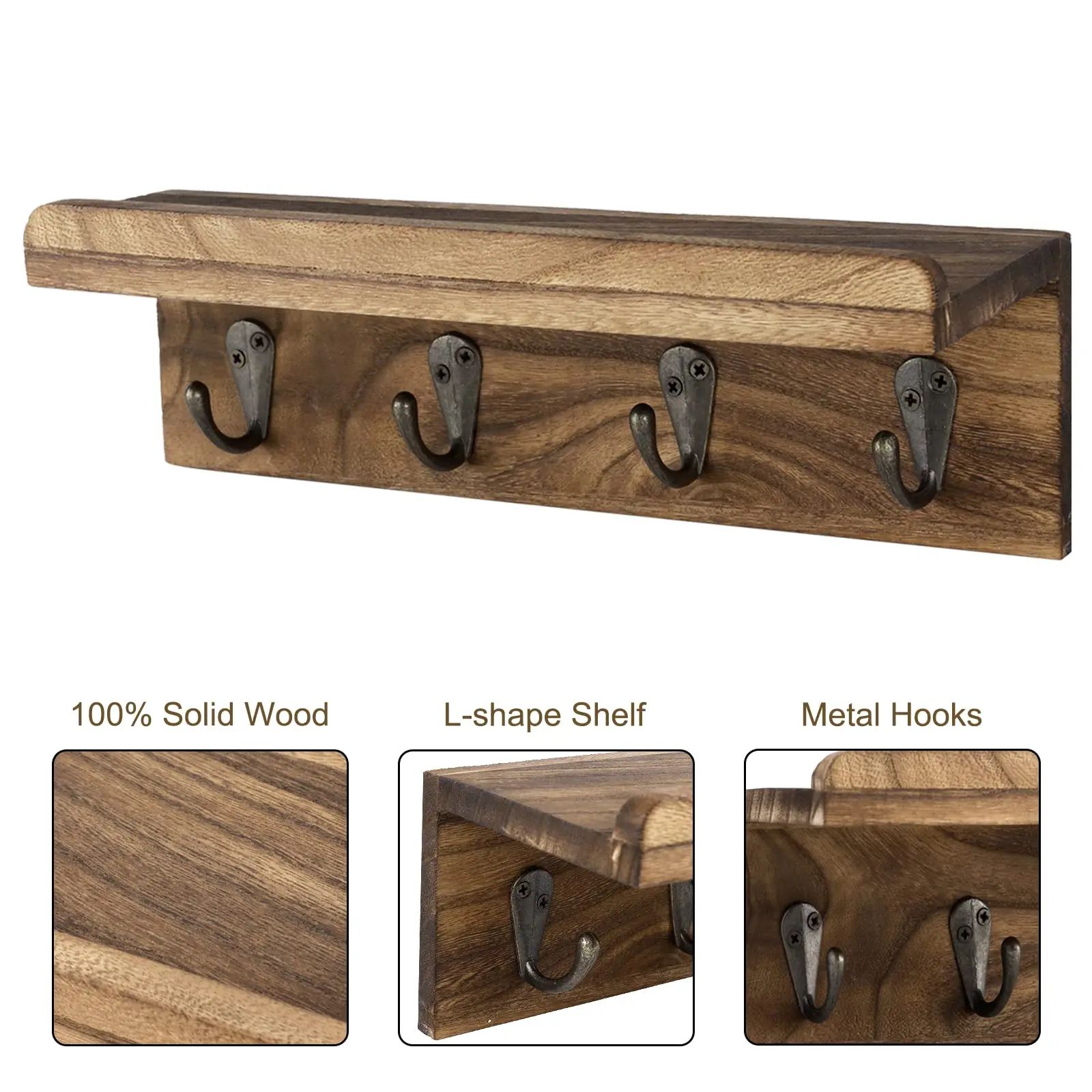 Farmhouse Rustic Wood Key Holder Wall Shelf with Hooks