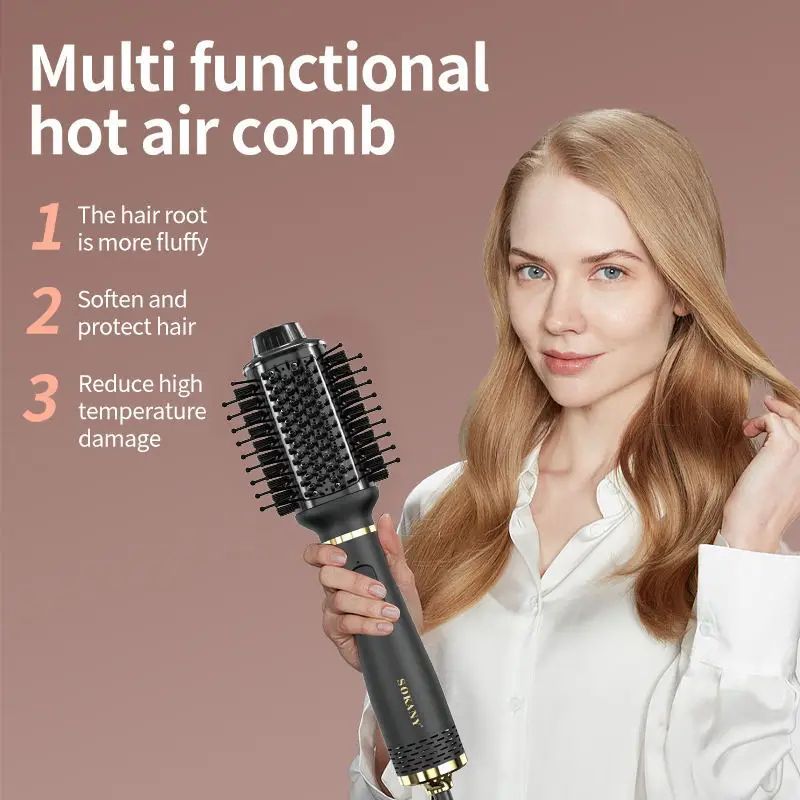 SOKANY 3-in-1 Ionic Hot Air Comb – Negative Ion Hair Dryer Brush & Volumizing Styler
