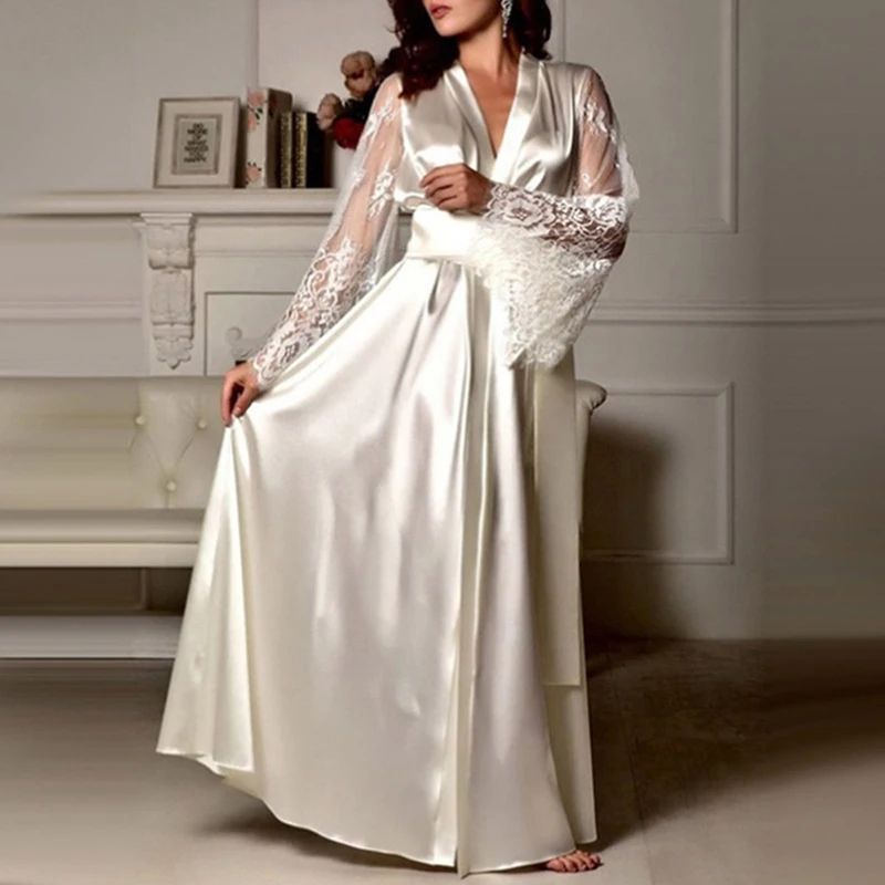 Womens Satin Robe with Lace Trim, Long Silk-Feel Bathrobe & Nightgown