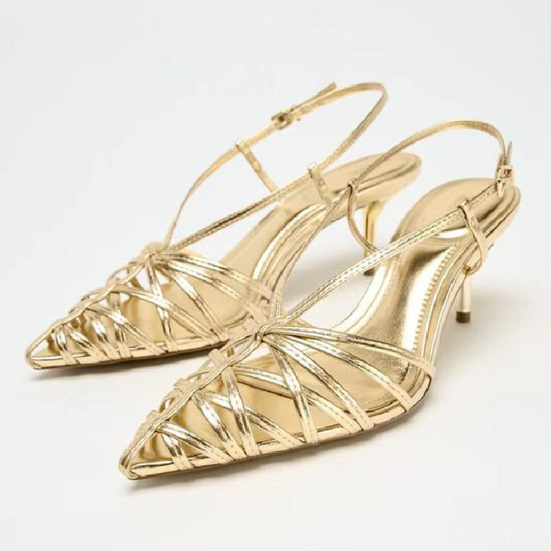 Fashion Narrow Strap Hollow Thin Heels, Luxury Gold Brand Heels Women, Sexy Pointed Toe Slingbacks High Heel Sandals
