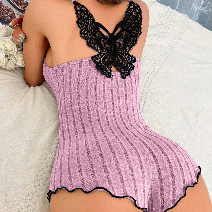 Sexy Women's Suspenders Pajamas Set with Lace Trim and Bow Design, Sleeveless V-Neck Summer Sleepwear