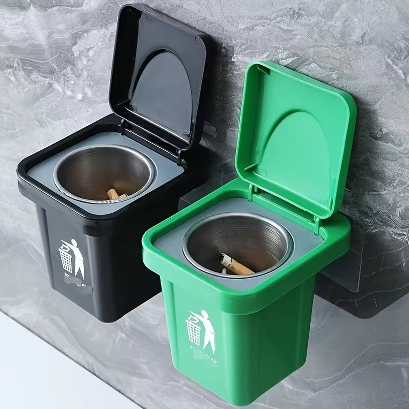 Wall Mounted Stainless Steel Ashtray with Lid for Bathroom and Living Spaces