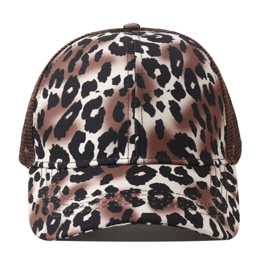Leopard Print High Ponytail Trucker Hat Breathable Womens Mesh Snapback Cap