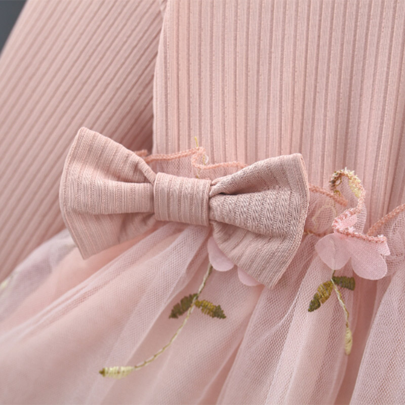Fashion Autumn Spring Toddler Baby Dress Round Neck Knit Long Sleeve with Flower Embroidery Casual Pink Baby Dress