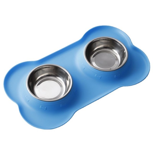 Double Dog Bowl Stainless Steel Pet Feeding Station with Non Slip Silicone Mat