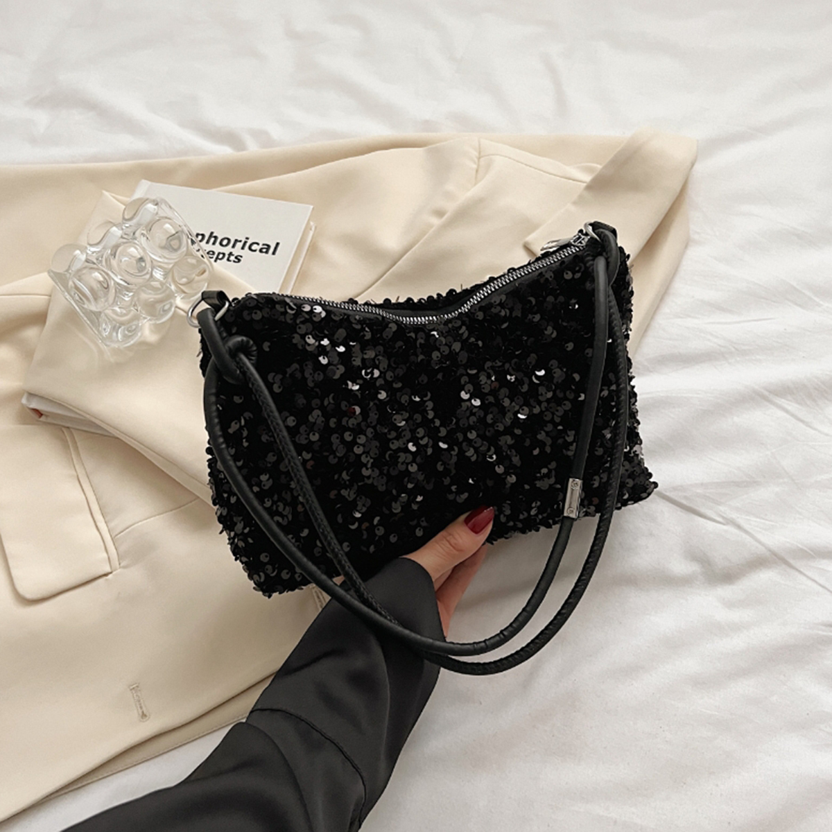 Casual Chic Design Black Spice Glitter Underarm Bag, Stylish Crossbody Shoulder Bag