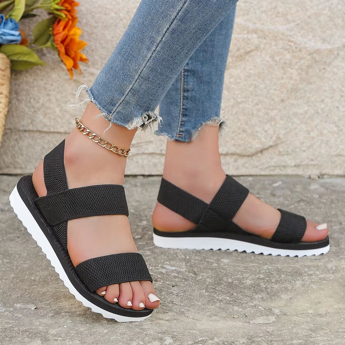 Women's Black Anti-Slip Comfortable Flat Lace-Up Sandals