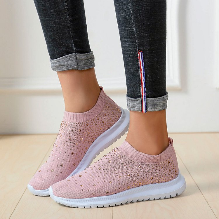 Women Fashion Crystal Sneakers Mesh Slip On Flat Shoes Breathable Outdoor Walking Loafers Comfortable Casual Flats