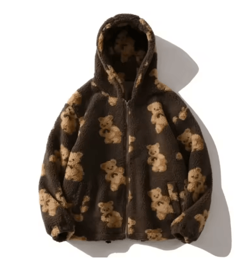 Harajuku Heart Plush Hooded Jacket – Cozy plush winter jacket women