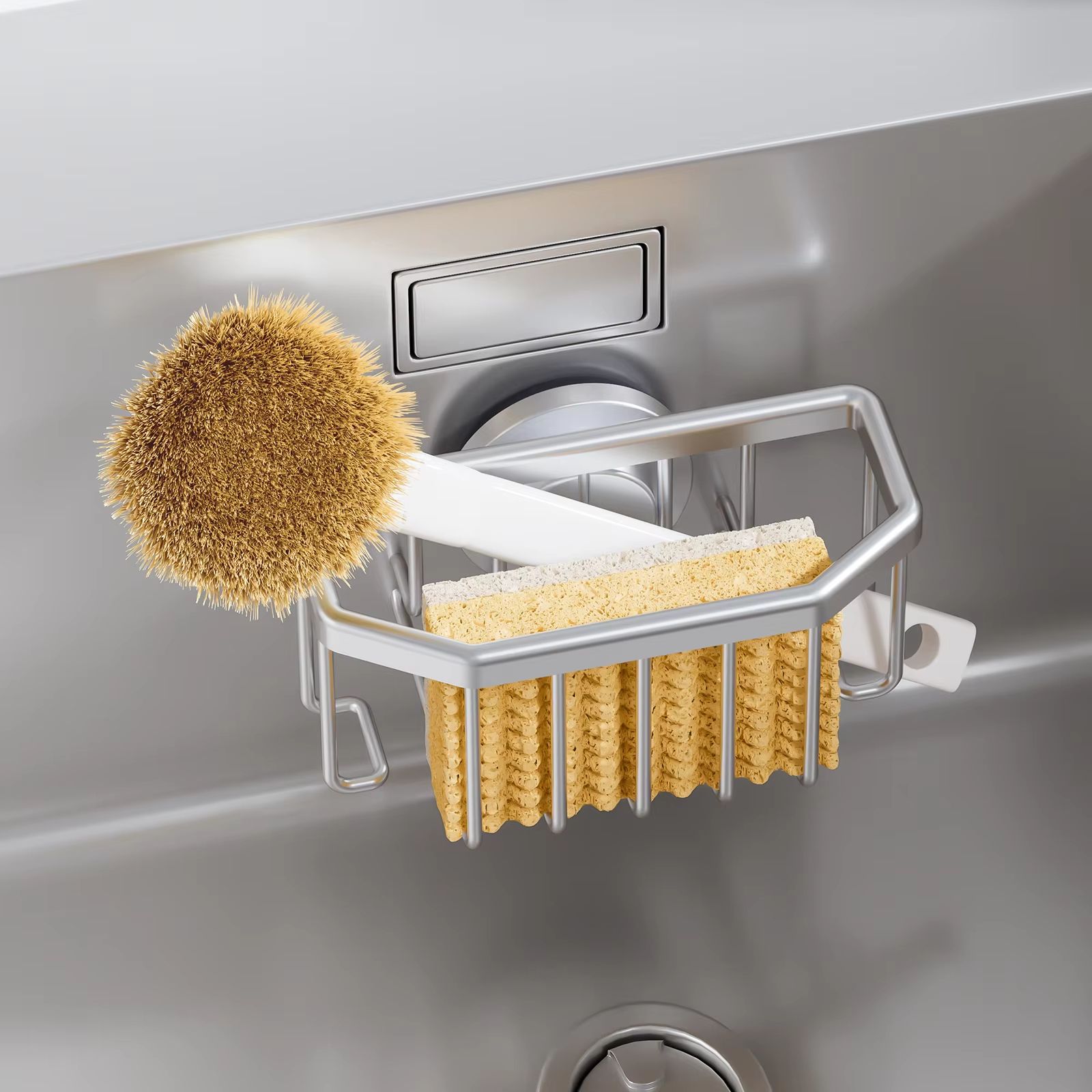 TAILI Suction Cup Sink Caddy, Rustproof Aluminum Sponge and Brush Holder with Quick Drain