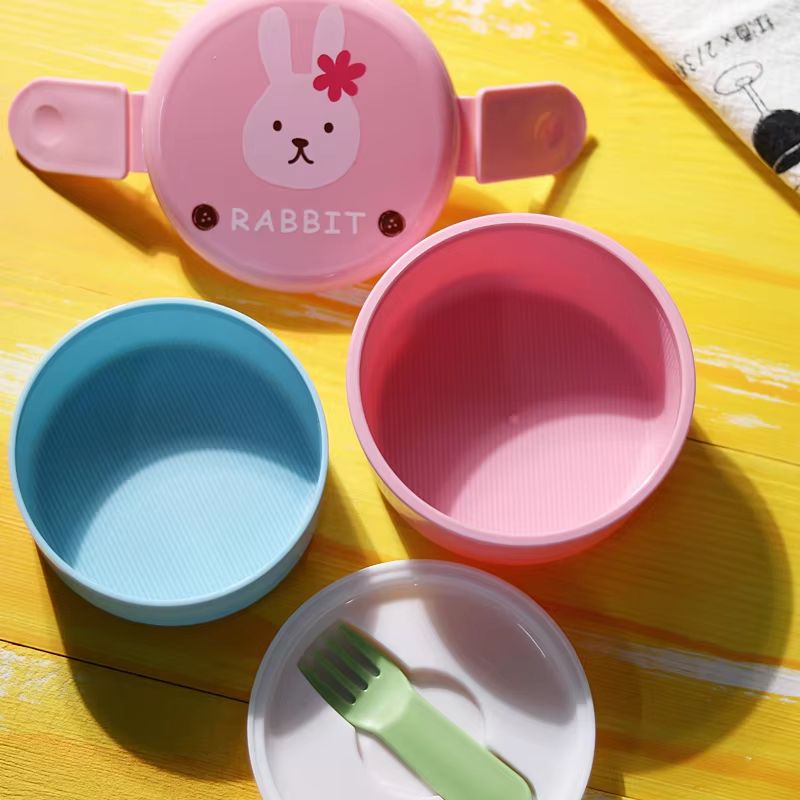 18.26 fl oz Cute Animal Double Layer Bento Lunch Box Round Kids Snack & Fruit Container