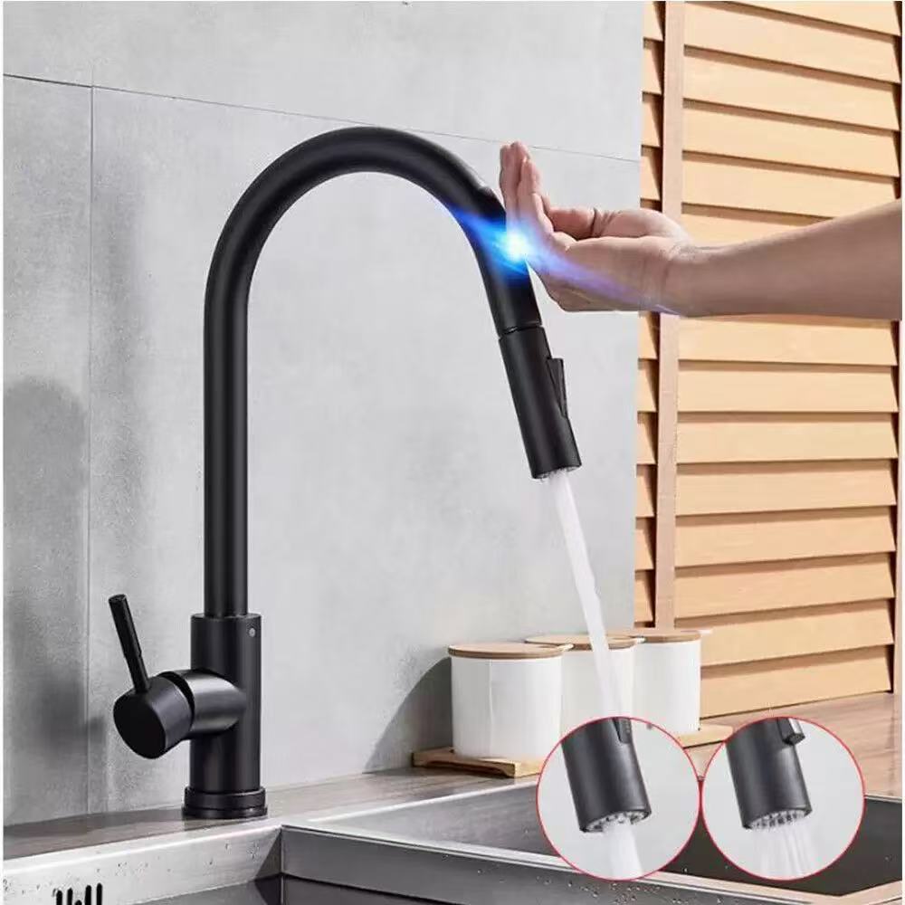 Smart Touch Kitchen Faucet Pull Out Brushed Nickel Black Sensor Stainless Steel Induction Mixed Tap with Touch Control