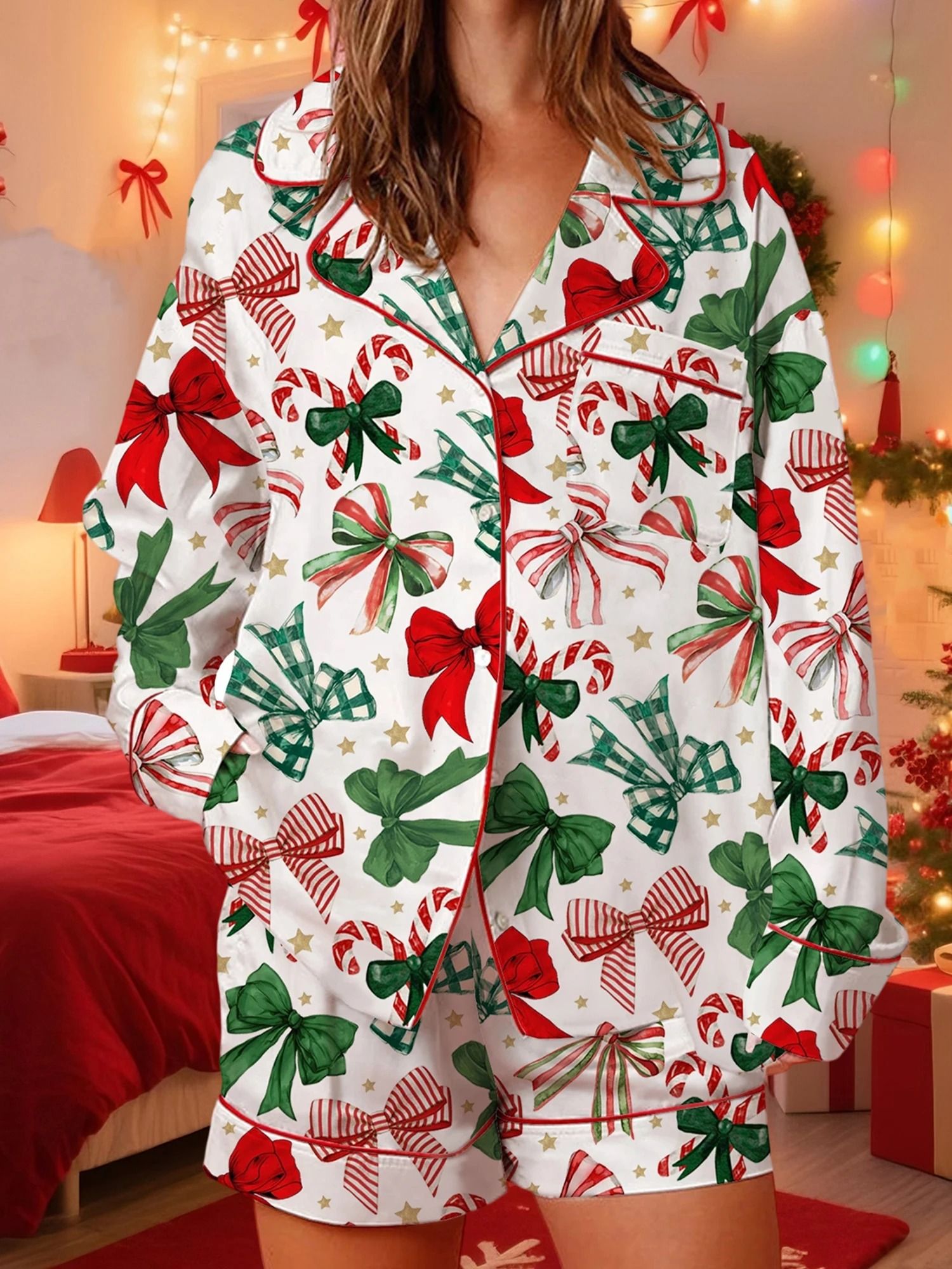 Womens Festive Holiday Bow Print Pajama Set