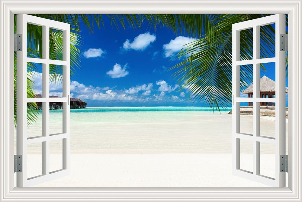 3D Beach Window View Wall Sticker – Ocean Sky Landscape Peel & Stick PVC Wallpaper