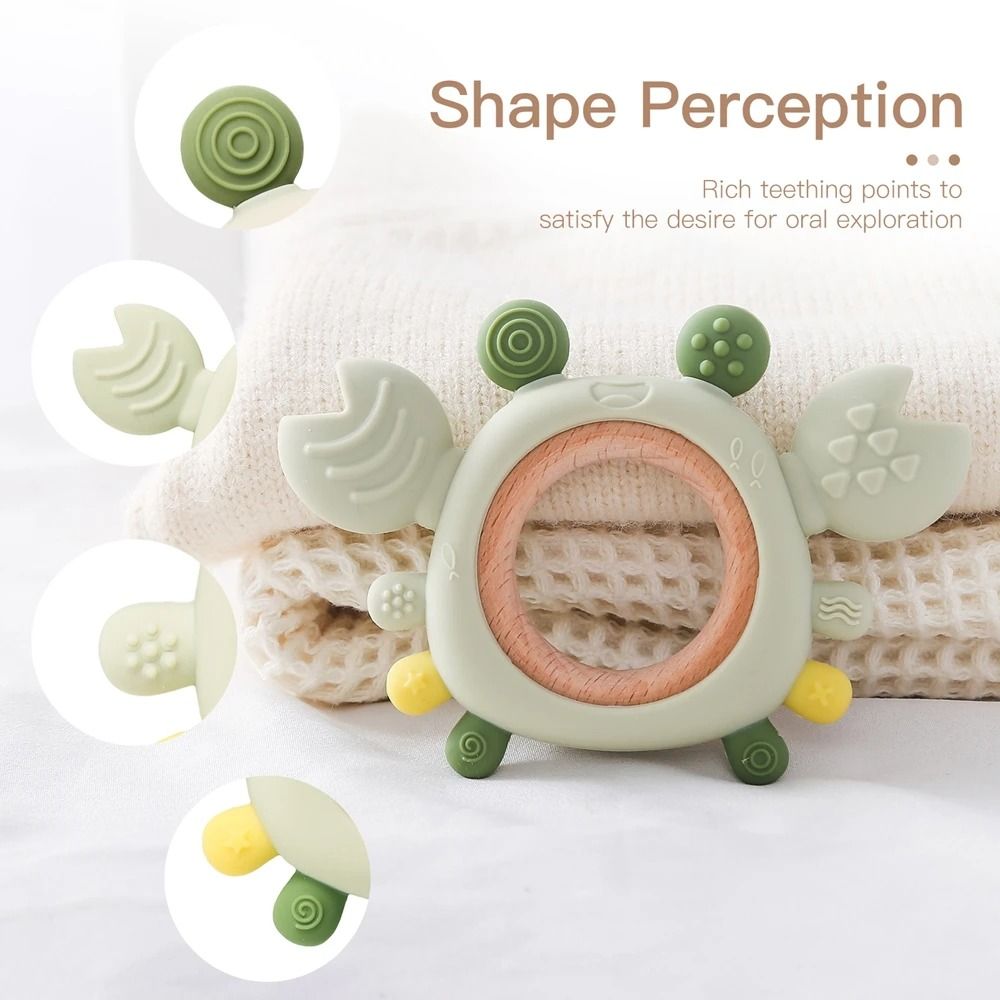 Silicone Crab Baby Teether with Natural Wooden Ring – BPA-Free Molar Toy