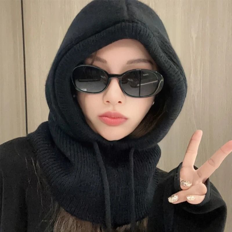 Knitted Hooded Winter Balaclava Hat for Women with Warm Neck Collar