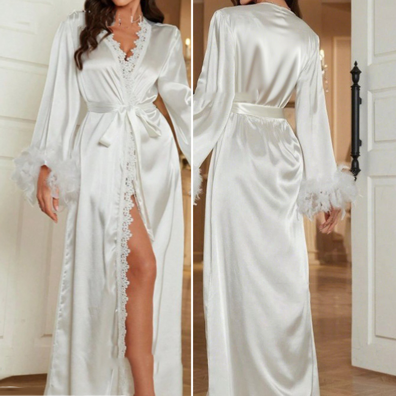 Elegant Ice Silk Long Bathrobe, Luxury Bride Wedding Robe with Feather, Sexy Yukata Gown, Loose Pajama