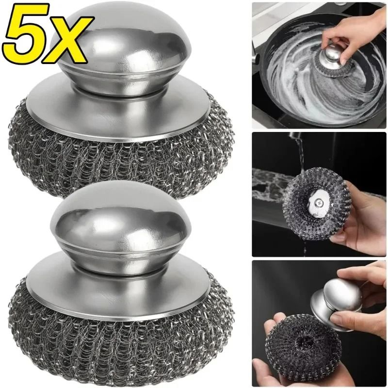 Stainless Steel Pot Brush Heavy Duty Metal Scrubber with Handle